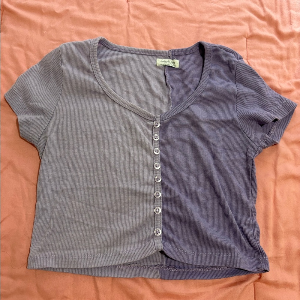 Two-Tone Purple Faux Button-Up Crop Top